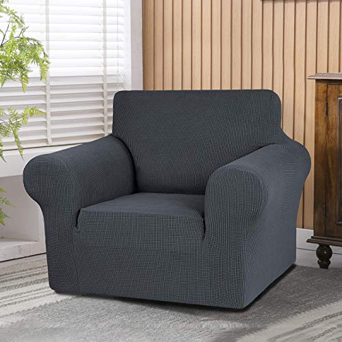 KEKUOU Stretch Single Sofa Slipcover 1 Piece Couch Sofa Cover (31"-55") Furniture Protector 1 Seater Sofa with Elastic Bottom for Kids,Pet.Jacquard Small Checked Pattern Fabric(Small,Charcoal)