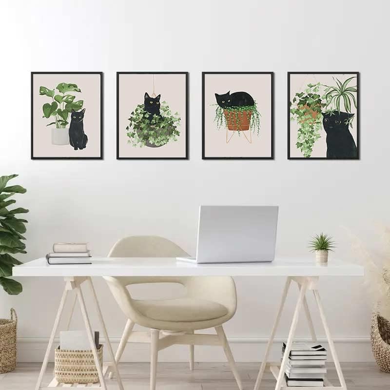 Miniatura 7 de 6 piezas de arte botánico de pared con diseño de gato negro, hojas verdes, plantas y plantas bohemias, arte de pared minimalista, impresiones