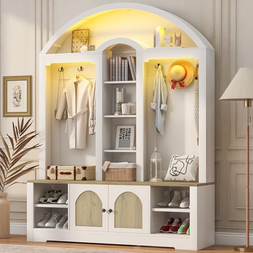 Merax 59" Multi-Functional Hall Tree with Shoe Racks, Curved Style Scandinavian Entryway Organizer with Hangers, Hooks & Shelves for Mudroom, Living Room, White+Walnut