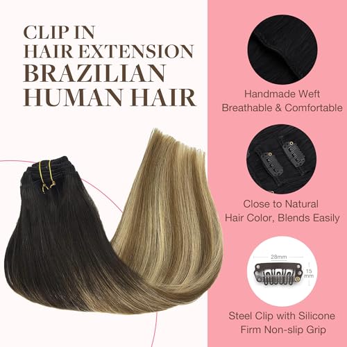 GOO GOO Clip in Hair Extensions Real Human Hair, Remy Human Hair Extensions Clip ins for Women, Natural Human Hair, 18inch 120g 7Pcs, 2/6/18 Balayage Brown to Dirty Blonde