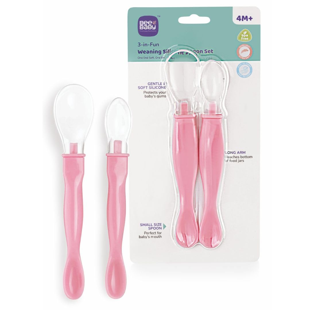 BeeBaby 3 in 1 Baby Weaning Silicone Spoon Set with Dual End Spoon for Feeding Kids, 100% BPA Free Food Grade Material. (Dual End - Pink)-image-22
