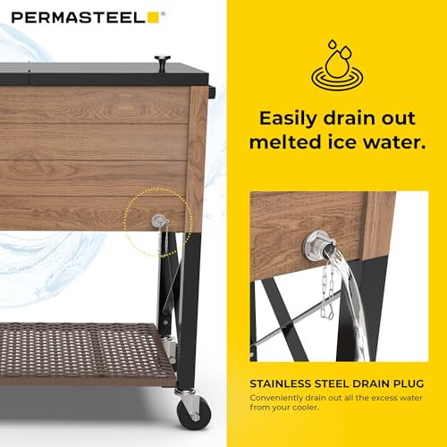 Permasteel 80-Qt Rolling Party Cooler with Divider, 36-Hour Chill, Spacious Ice Chest for Indoor/Outdoor Events, Wood Grain Finish, Wicker Shelf, Durable Design, Brown by Permasteel - Image 6