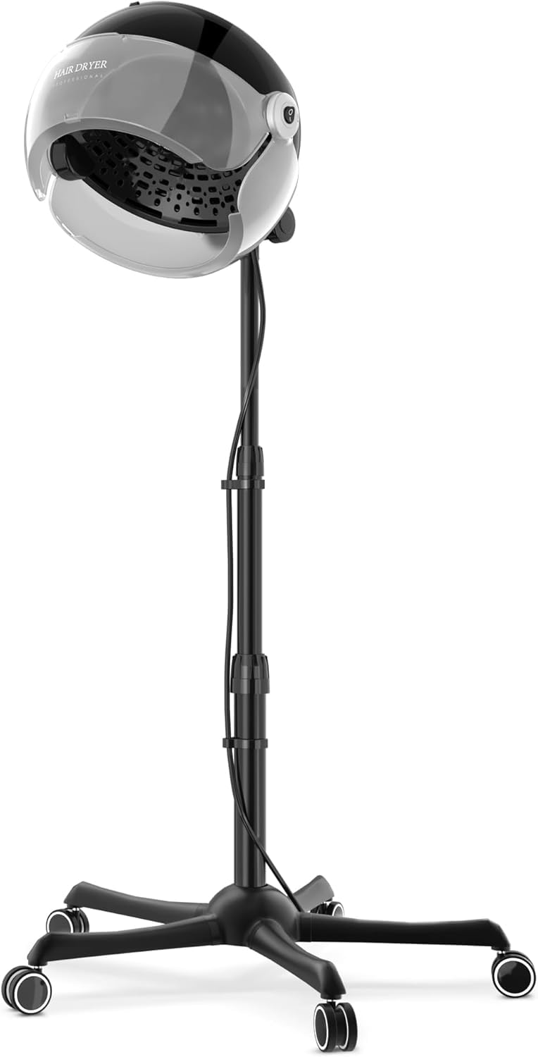 SalonDepot Professional Ionic Hooded Hair Dryer 1875W Height Adjustable with Bonnet 3 Temperature Settings Rolling Wheels for Salon