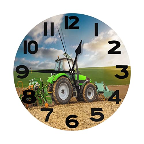 DJNGN Horloge Murale Ronde Vintage Vieux Tracteur Vert à la Ferme Nature Design Horloges Silencieuses Non Coutil à Piles Décor Horloges pour Maison Salon...