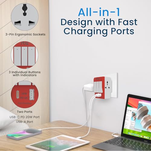 Image of rts 3 Pin 3 Way Universal Multiplug Travel Adaptor with Type C PD & USB Ports Individual Switch LED Indicator Compatible with Home /Office /Industrial Use /Laptop /Desktop /Mobile /Printer Red