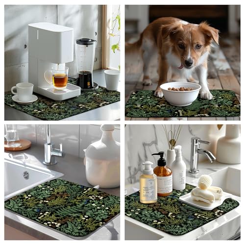 Dish Drying Mat for Kitchen Counter Vintage Green Plant Fern Leaves Floral Drying Mats Absorbent Microfiber Black Dish Drainer Pad Reusable Washable Dish Draining Mats Medium 16x18 Inch by Wnoesat - Image 7