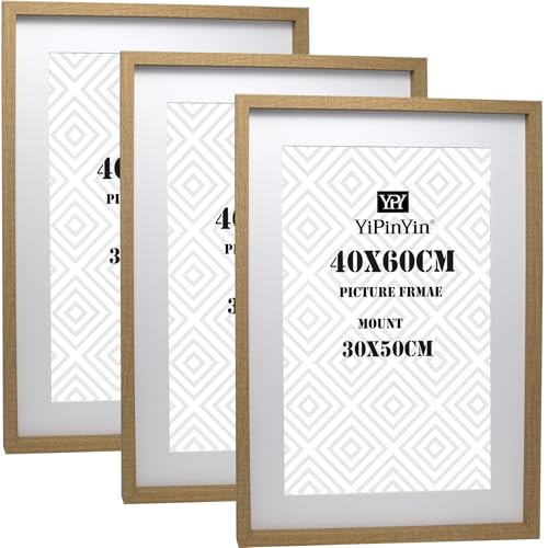 40x60cm(15.7x23.6inch) Wooden Boxed Picture Frames Set of 3 with Mounts for 30x50cm, 60x40cm poster frame with Acid Free mount for 30X50 print (Wood 3Pack)