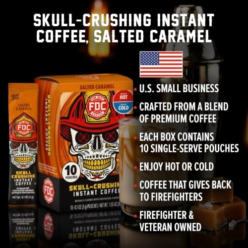 Fire Department Coffee Salted Caramel Skull-Crushing Espresso Instant Coffee - 10 Packets | Dark Roast - Single Serve Packets - Gives Back to Firefighters - Veteran Owned