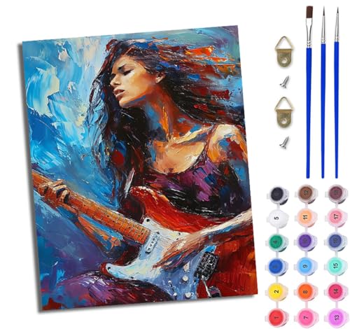 WJWWANG Dipingere con i numeri, per adulti, ragazze, suonare la chitarra elettrica, semplice set di pittura a olio fai da te su tela, con 3 pennelli e pigmento acrilico divertente, 40 × 50 cm (senza