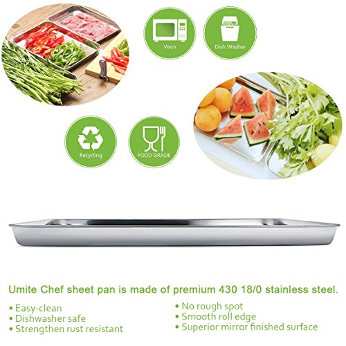 Baking Sheet Pan For Toaster Oven, Stainless Steel Baking Pans Small Metal Cookie Sheets By Umite Chef, Superior Mirror Finish Easy Clean, Dishwasher Safe, 3 Pieces/Set (16 X 12 X 1 Inch) #TOP4