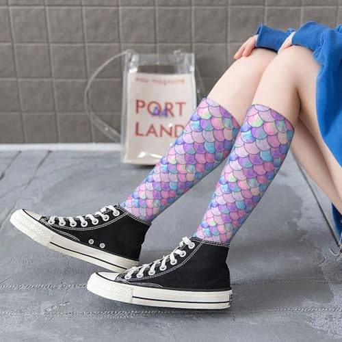 Image of Rainbow Mermaid Knee High Socks for Women Girls Fashion Women's Festival Stockings for Casual Running Work Travel