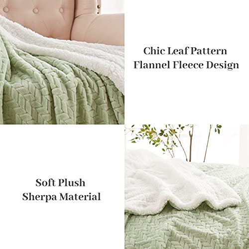 Sunstyle Home Sherpa Fleece Blanket Full Sage Green Soft Cozy Plush Fluffy Flannel Thick Blanket Leaf Jacquard Luxury Winter Warm Reversible Blankets For Couch, Sofa, Bed 60X80 #TOP4