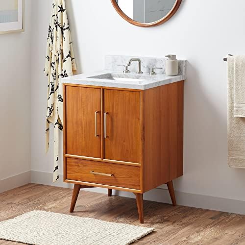Signature Hardware 953363-24-RUMB-8 Novak 24" Freestanding Teak Single Basin Vanity Set with Cabinet, Vanity Top, and Rectangular Undermount Sink - 8" Faucet Holes - Teak/Carrara Marble