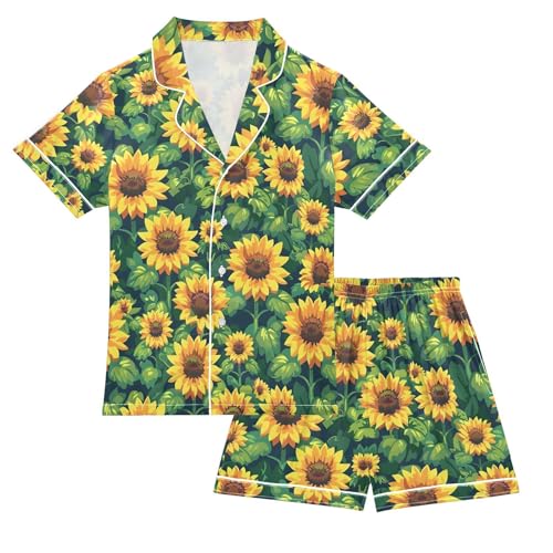 ALAZA Painting Sunflower Leaf Satin Pajamas Set Short Sleeve Button Down Sleepwear Summer Pjs 2 Piece