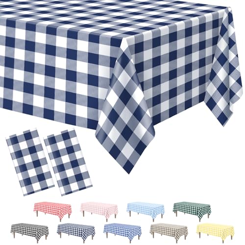 Kopokita 2 Pack Navy Gingham Tablecloth, 54 x 108 Inches Navy and White Checkered Tablecloths Plastic Table Cloth Disposable Picnic Tablecovers for Rectangle Table
