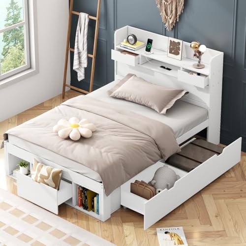 OCACA Cama individual, 90 x 200 cm, con puerto USB, cajones y armario de almacenamiento, cuna, cama juvenil, cama multifuncional, gran espacio de almacenamiento, sin colchón, blanco