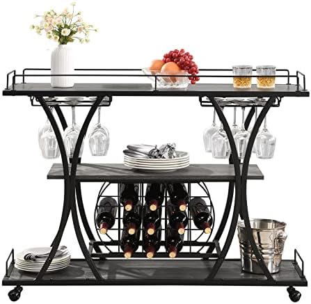 KIVENJAJA Industrial Bar Cart, Rolling Serving Cart with Wine Racks & Glass Holder, 3 Tier Shelf Wooden Metal Liquor Tea Barcart Trolley on Wheel for Home, Grey