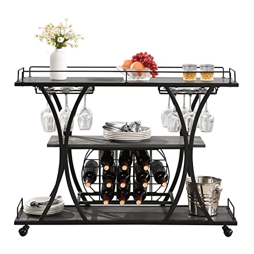 Kivenjaja Industrial Bar Cart, Rolling Serving Cart With Wine Racks & Glass Holder, 3 Tier Shelf Wooden Metal Liquor Tea Barcart Trolley On Wheel For Home, Grey #TOP19