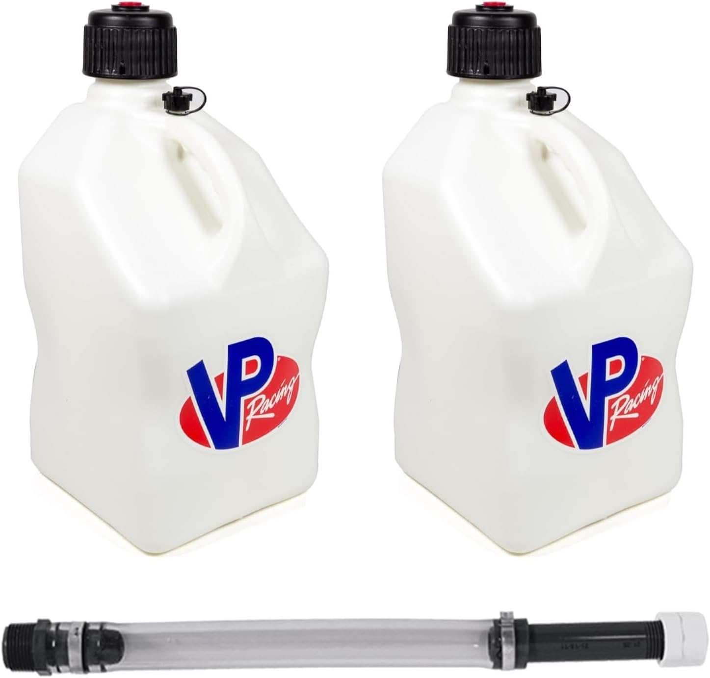 VP Racing 3522-CA, 5.5-Gallon Square Motorsport Jug White (2 Pack) w/ 15" Deluxe Hose (1 Pack) Close-Trimmed Cap and Neck for Tight Seal