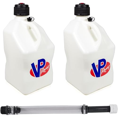 VP Racing 3522-CA, 5.5-Gallon Square Motorsport Jug White (2 Pack) w/ 15" Deluxe Hose (1 Pack) Close-Trimmed Cap and Neck for Tight Seal