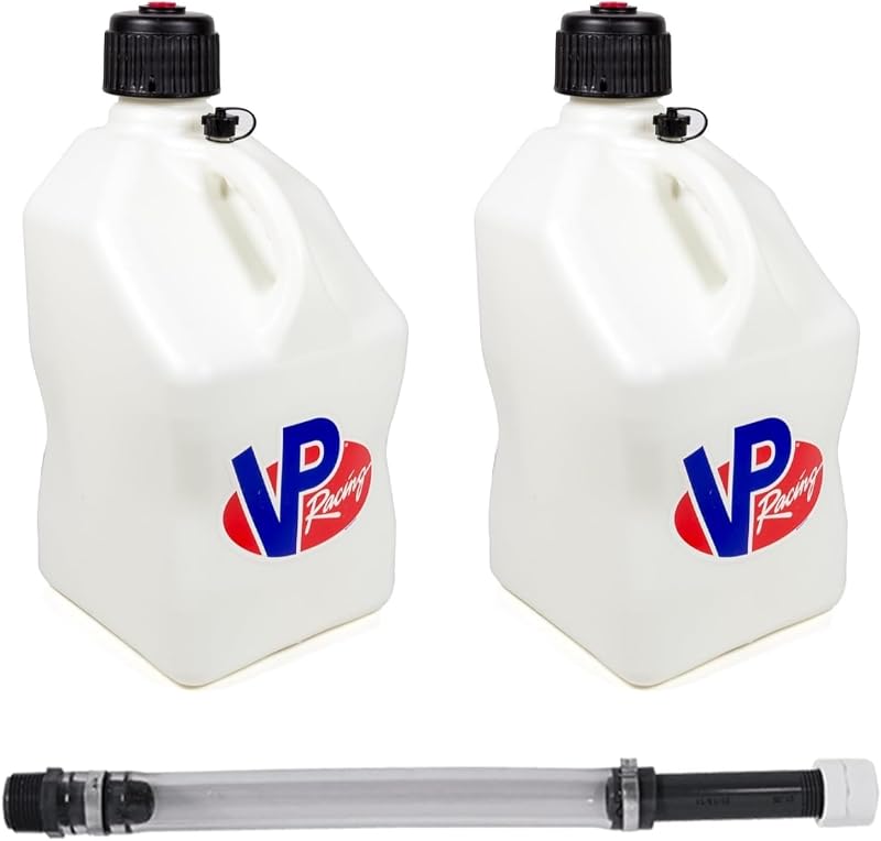 VP Racing 3522-CA Galão quadrado para armazenamento e transporte de fluidos, 20,8 L, branco, com mangueira Deluxe de 38,1 cm — kit com 2 galões