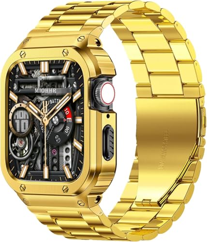 Image of MioHHR Stainless Steel Band and Case Compatible with Apple Watch Bands 46mm | Men Metal Protective Bumper Cover with Straps for iWatch 46mm Series 11 /10, Gold