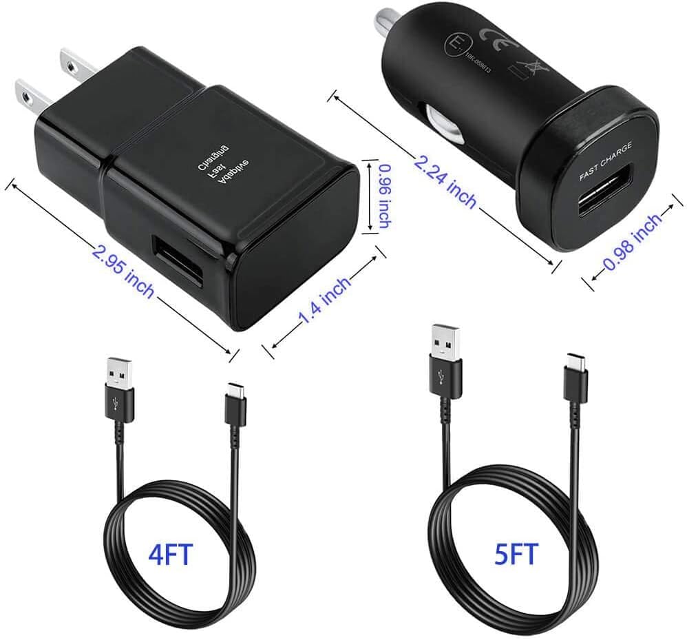 Adaptive Fast Charger Kit Compatible for Galaxy S21/S21 Ultra/S20/S20+/S10/S10+/S10e/S9/S9+/S8/S8Plus/Edge/Active/Note 8/9/10/20(Wall Charger + Car Charger + 2 x Type C USB Cables)