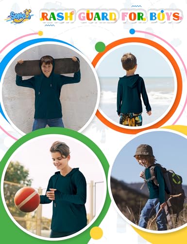 Image of Boys UPF 50+ Rash Guard Long Sleeve Hoodie Swim Shirts Toddler Kids Sun Protection SPF Fishing Water Beach Surfing Shirts with Pocket Haze Blue 4t