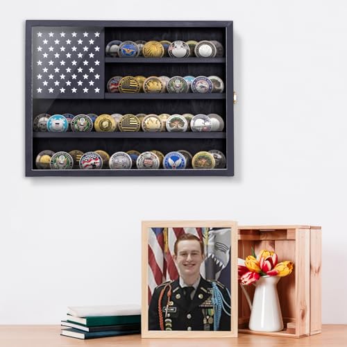 Image of Military Challenge Coin Display Case, 16 inchx12 inch Wooden American Flag Medal Shadow Box with Anti-Fade UHD Acrylic Door, Gold-Antitheft Lock, 2 Groove Shelves and Wall Mount (Black184)
