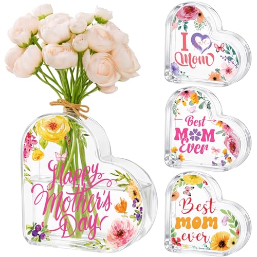 Hushee 4 Pcs Acrylic Heart Flower Vase for Best Mom Ever Gift Clear Heart Shaped Decoration Vase for Mother's Day Birthday Bouquet Decor for Women Grandma Bookshelf Home Table Decor