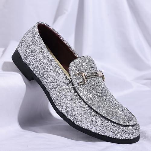 COSIDRAM Men's Glitter Dress Shoes Metallic Sequins Tuxedo Luxury Gold Buckle Loafers Slip-on Wedding Party Shoes4