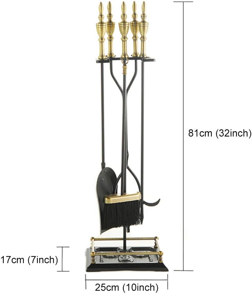 5 Pcs Fireplace Tools Sets, Gold Handle Wrought Iron Fire Tool Set and Holder, Outdoor Fireset Fire Pit Stand, Log Wood Tongs Shovel Brush Poker Included