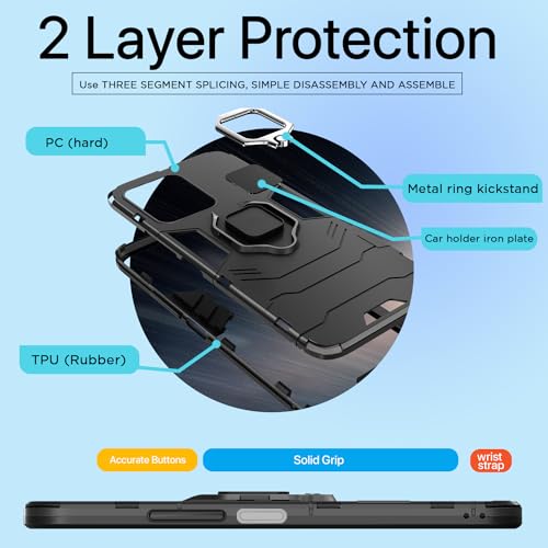 Image of Pikkme Redmi 12 5G Back Cover | D5 Tough Armor Bumper | 360 Protection Case | Ring Holder Stand Case for Redmi 12 5G (Black)