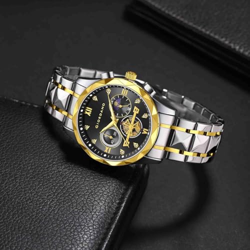 Image of Giordano Chronograph Analog Quartz Watch for Men with Round Dial, Multifunction Subdials, Sun Moon Display, Crystal Hour Markers, Roman Numerals, Stainless Steel Strap - GZ-50236