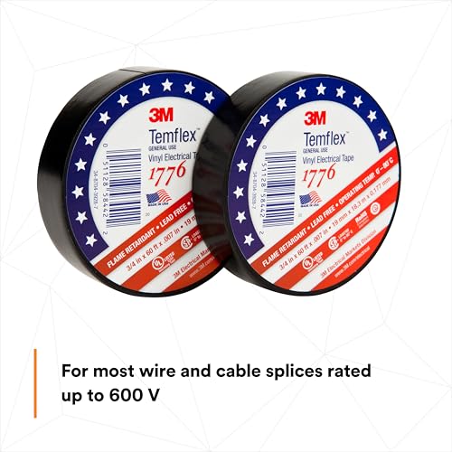 Image of 3M Temflex Vinyl Electrical Tape, 1776, 3 /4 in x 60 ft, Black, 1 Roll (Pack of 2)