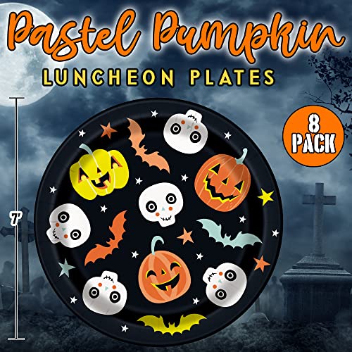 Unique Pastel Pumpkin Disposable Dinnerware Bundle For 8 - Dinner & Dessert Plates, 16 Luncheon Napkins - Cute Black Orange Paper Partyware Supply Set For Pumpkin Skull Bat Party Décor Supplies #TOP3