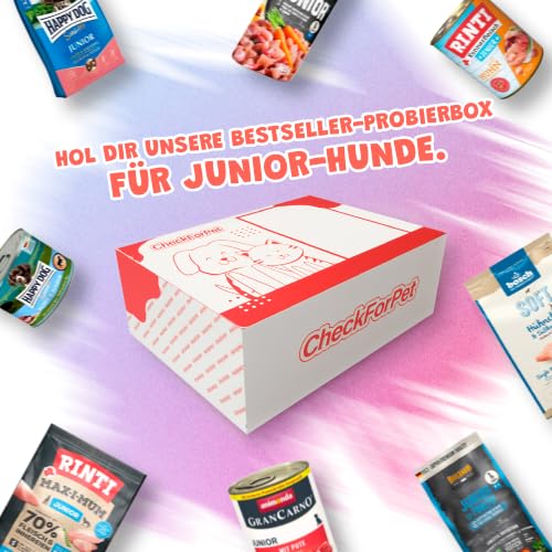 CheckForPet Hundefutter Probierpaket Junior – Welpenfutter Probierbox für Welpen & Junghunde mit Nassfutter und Trockenfutter, Hundefutter trocken & nass von Top-Marken, Geschenkidee