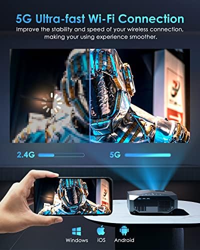 YOWHICK Projector with 5G WiFi and Bluetooth, Native1080P Outdoor Portable Video Projector Support 4K, Home Theater Movie Projector Compatible with HDMI, USB, Laptop, iOS & Android Phone