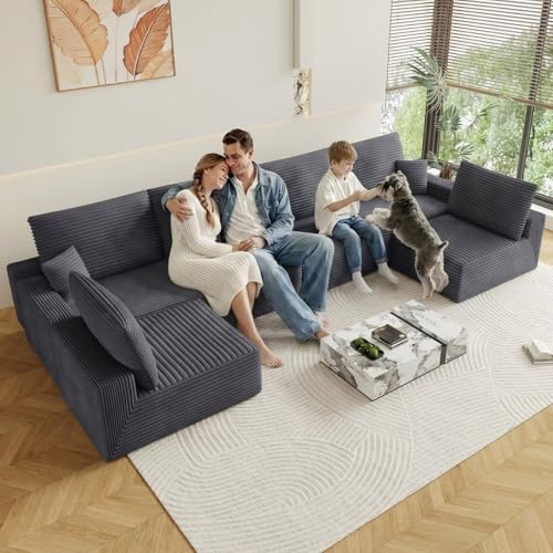Image of Oversized Modular Sectional Sofa Couch, Large 6 Seater Corner Sofa Modern U Shaped Sectional Couch Cloud Couches for Living Room, Office, Spacious Space, Corduroy, No Assembly Required, Dark Grey