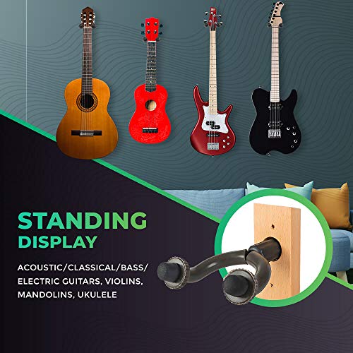 Guitar Wall Mount Hook Hanger - Music Stand Holder For Ukulele, Acoustic, Bass, Electric Guitars, Banjo, Mandolin And Violin. 2 Pack Wood Hangers With Mounting Screws Hooks And Accessories (Brown)