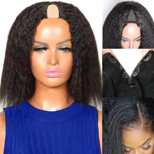 V Part Wigs for Women Human Hair, Yaki Wig Kinky Straight Glueless Wig Human Hair 100% Brazilian Real Hair Wigs For Women Human Hair 180 Density NO Lace Black Wig for Beginner Friendly 10 Inch.