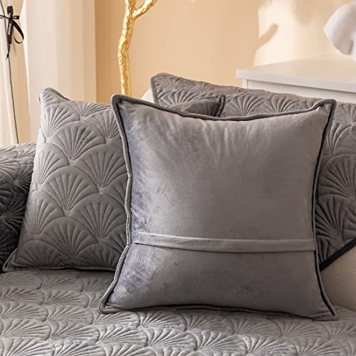 vctops 2 Pack Super Soft Velvet Plush Decorative Square Throw Pillow Covers Set Leaf Pattern Quilted Cushion Cases Pillowcases for Sofa Bedroom Car (Grey B,18"x18")