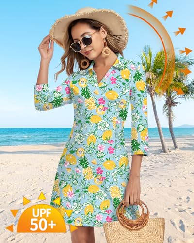 Image of WOWENY 3 /4 Sleeve Dress for Women with Pockets V Neck UPF 50+ Casual Sun Dress Breathable Quick Dry Beach Vacation
