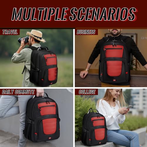Image of Large Travel Backpack, 17.3 inch Laptop Backpack, Red | 45L Capacity, 180 TSA-Friendly Carry On, Laptop Compartment, Water-Resistant, Adjustable Strap for Work Travel College