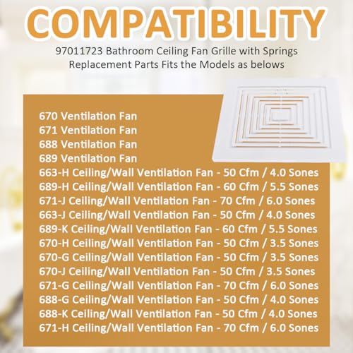 BP46 BP90 Bathroom Fan Cover Replacement Ceiling Fan Grille with Springs for Br-oan/Nu-tone Ventilation Fan, White Square Ceiling or Wall-Mount Exhaust Fan Fits Models 671, 663, 670, 675, 688, 689 - Thumbnail 5