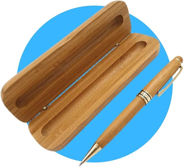INTELLI Bamboo Ball Pen with Bamboo Box, Natural Handmade, Black Ink Bamboo Pen with Box, Includes 2 Ink Cartridges, Premium Bamboo Pen Set