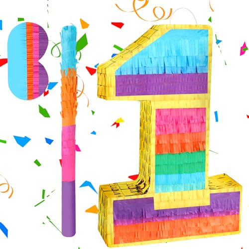 Piñata 1 an arc-en-ciel avec bâton et masque pour anniversaire enfant