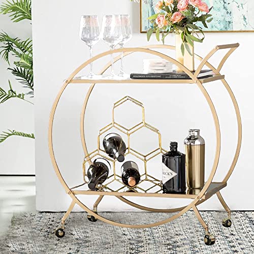 Heoniture Gold Bar Cart With 2 Mirrored Glass Shelves, Modern Round Bar Serving Cart, Mini Bar Carts For The Home/Kitchen/Club/Living Room, Rolling Wheeled Design #TOP6