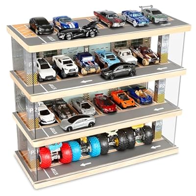 Hot Wheels Storage: Toy Car Parking Garage Diorama with Lights - Freestanding Display Case for 1/64 Scale Diecast Cars with 4 Levels 24 Spots Maximum 40 Cars