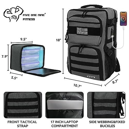 519 Fitness [Tactical All-Around] Modular Meal Prep Backpack - Stealth Grey - Fits 17" Laptop - Removable Meal Part, Hydration Bladder, 3 Containers, 2 Ice Packs & US Flag Patch